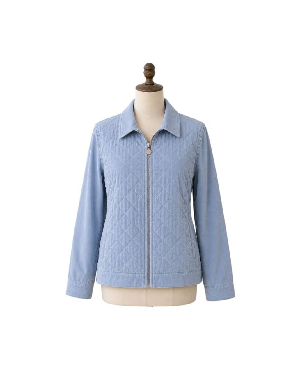 Cathy Daniels Quilted Corduroy Jacket L Light Blue Zip Lightweight Outerwear